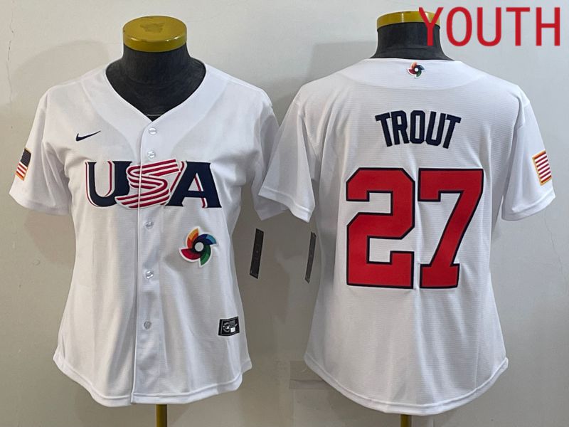 Youth 2023 World Cub USA #27 Trout White MLB Jersey8->youth mlb jersey->Youth Jersey